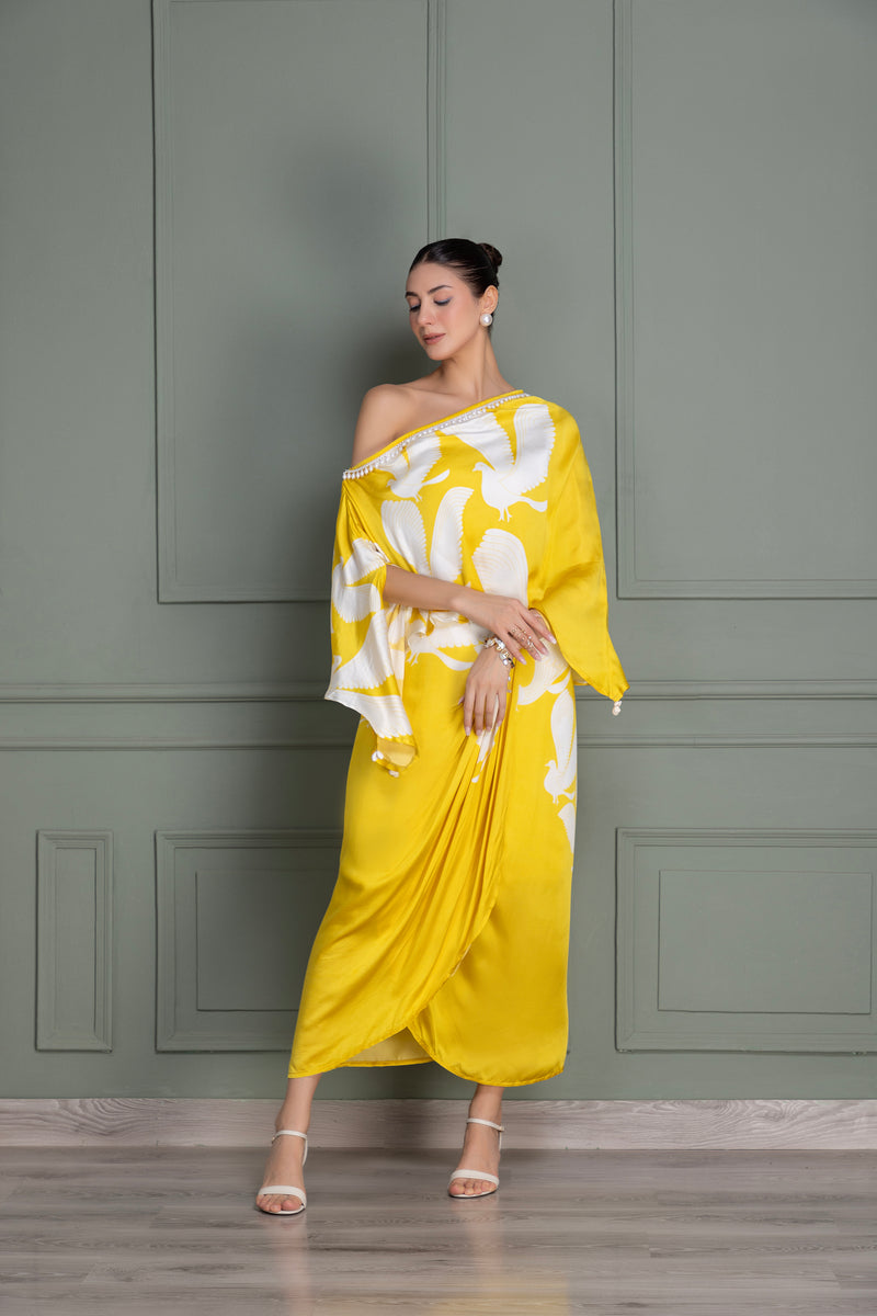 Eclectic Yellow Bird Flock Top and Dhoti Skirt Set