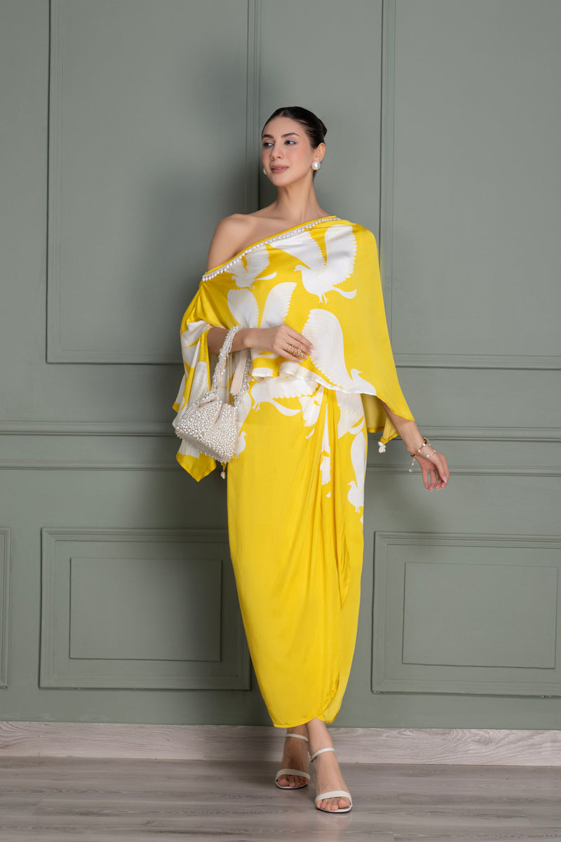 Eclectic Yellow Bird Flock Top and Dhoti Skirt Set