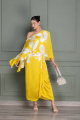 Eclectic Yellow Bird Flock Top and Dhoti Skirt Set