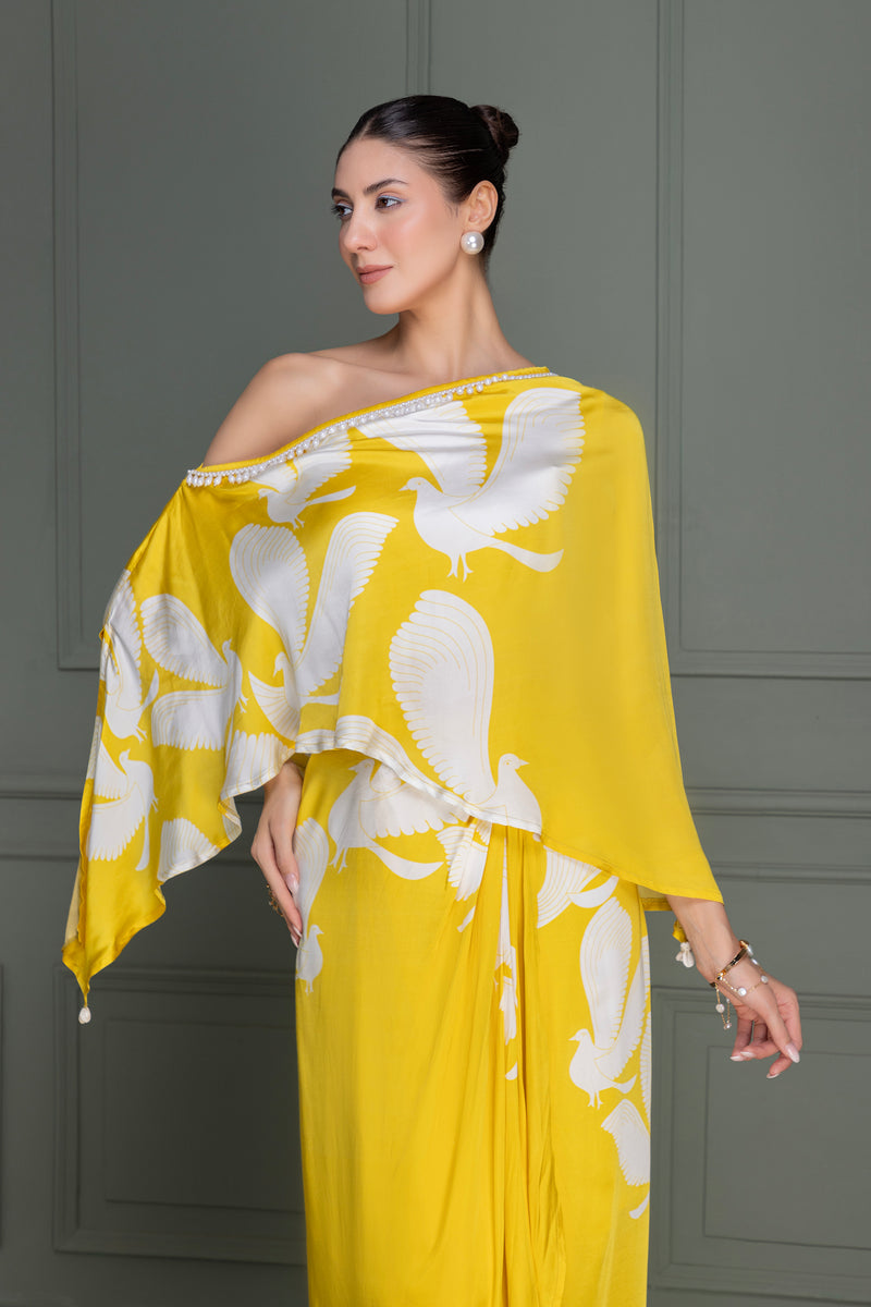 Eclectic Yellow Bird Flock Top and Dhoti Skirt Set