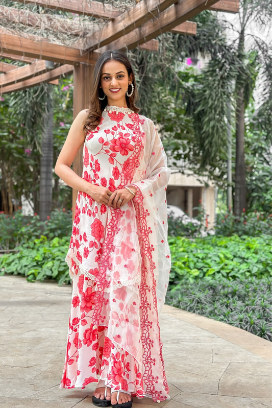 Red Floral Halter Set with Embroidered Organza Dupatta
