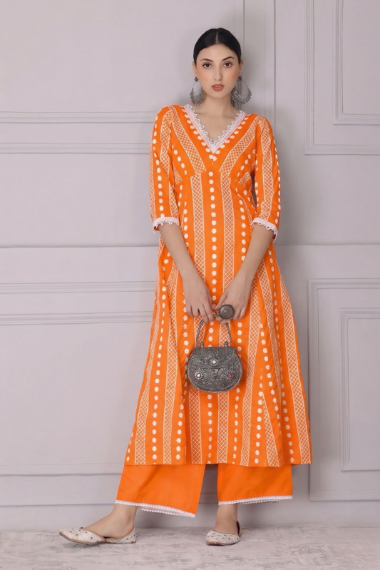 Lava Orange Lace Embroidered Kurta Set