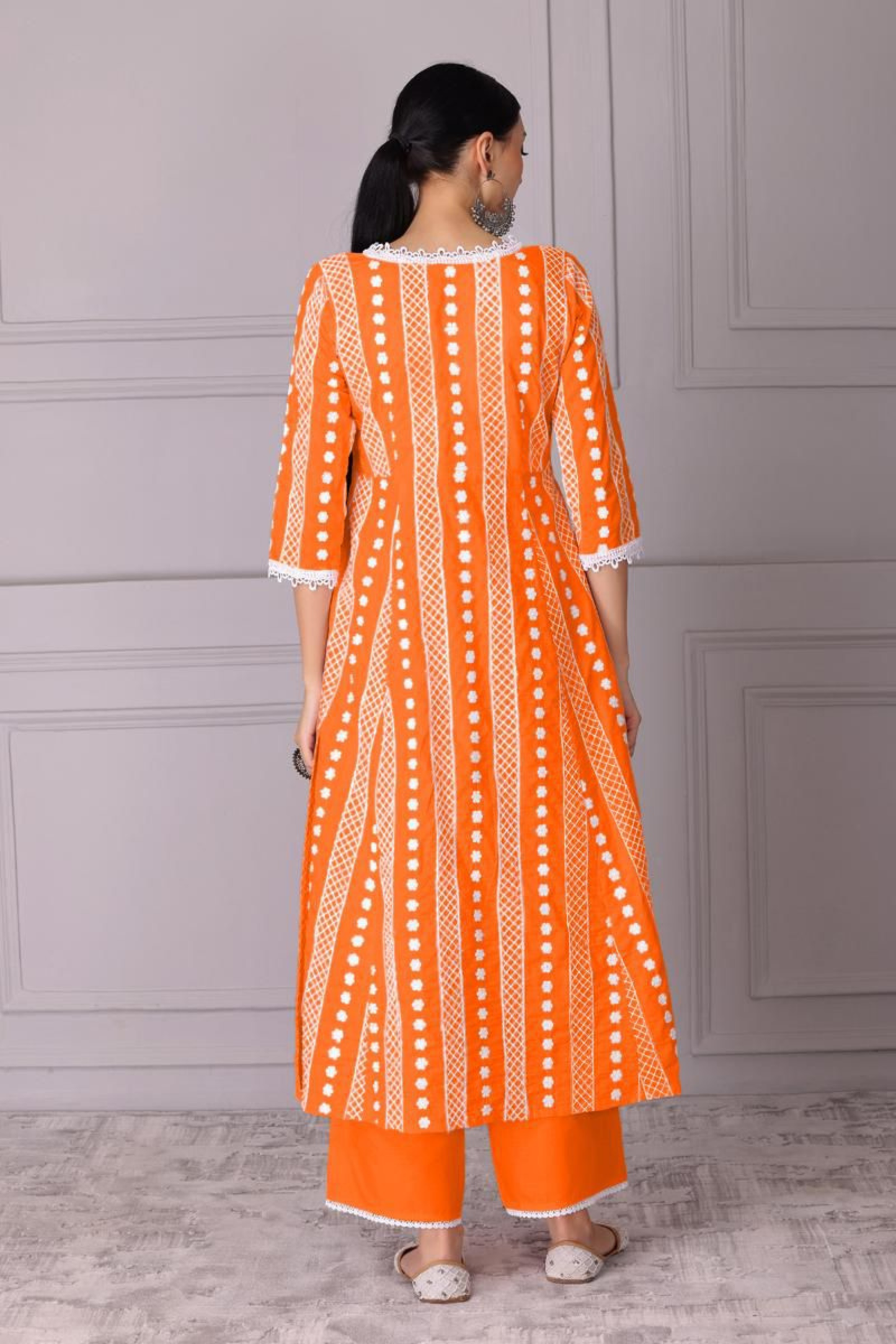 Lava Orange Lace Embroidered Kurta Set