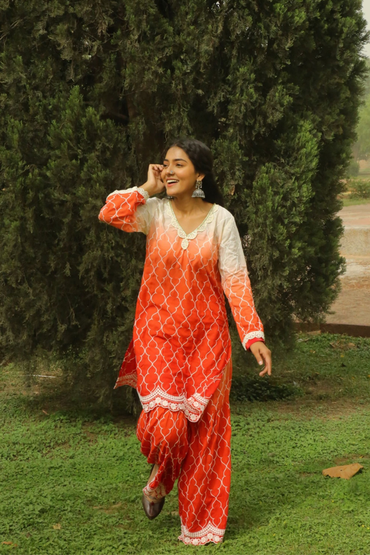 Coral Ombre Embroidered Kurta Set