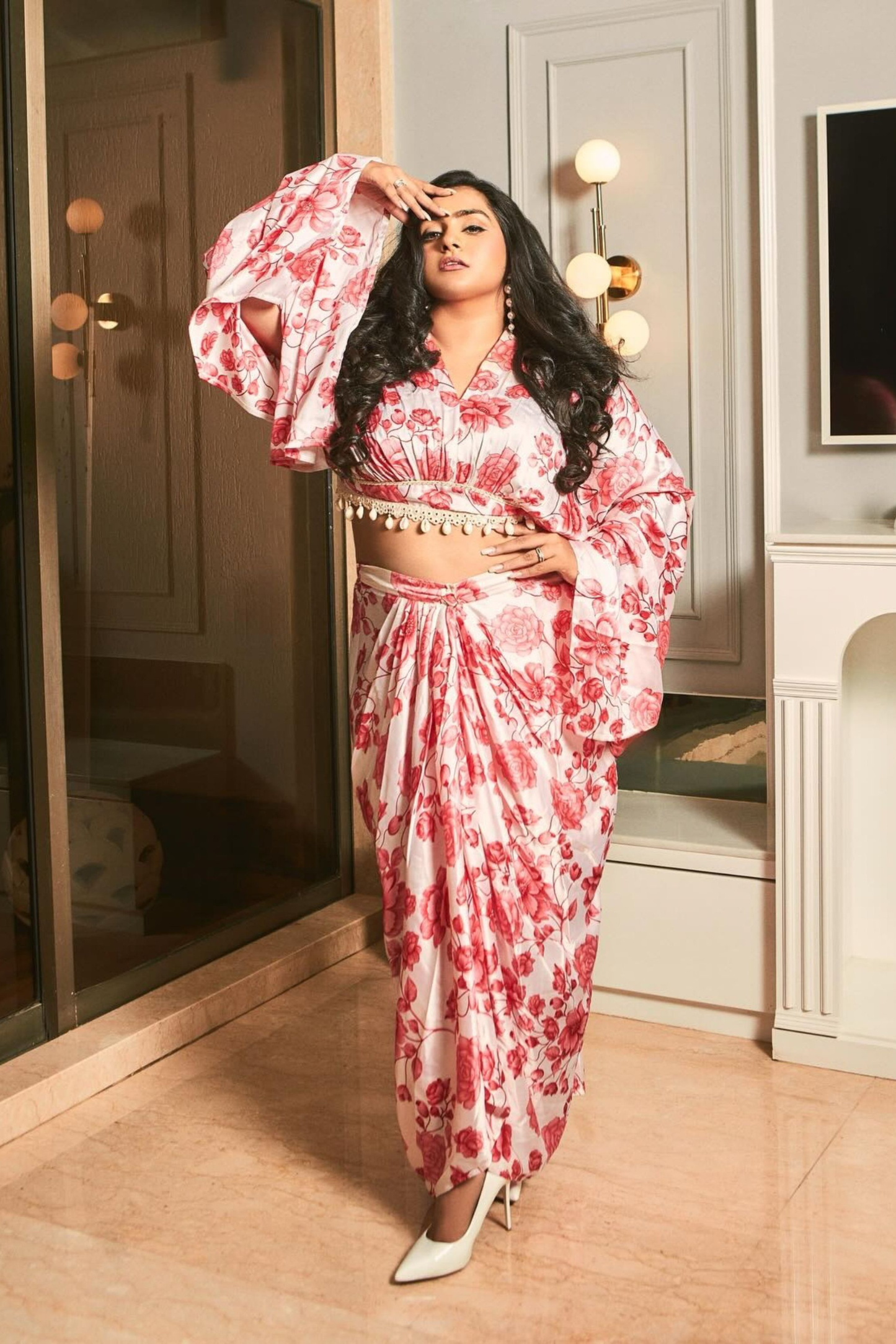 Red Floral Printed Crop Top and Skirt Set