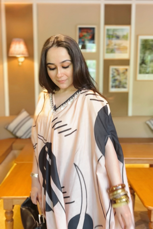 BLACK AND CREAM ABSTRACT PRINT TUNIC SET