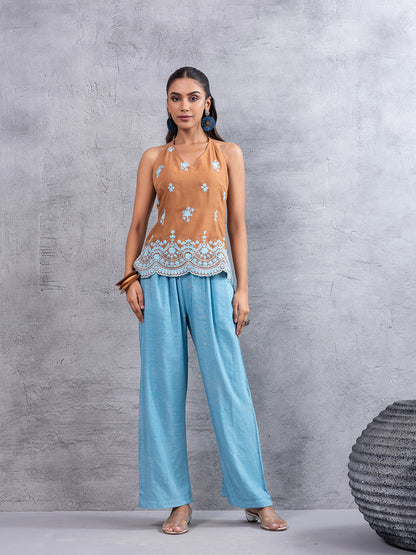 CARAMEL BLUE EMBROIDERED HALTER KURTA SET