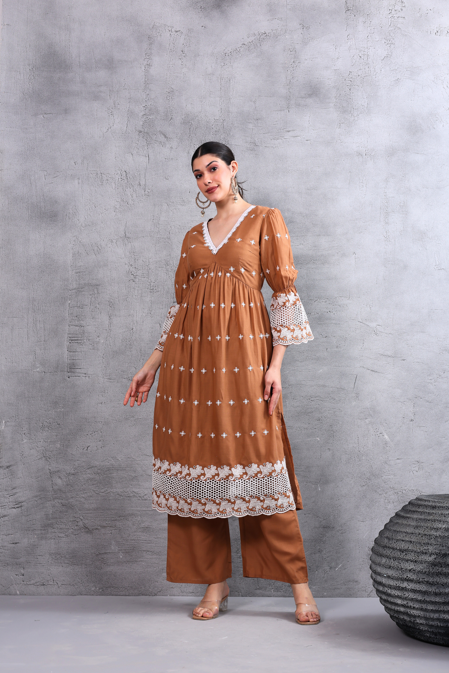 Brown White Floral Embroidered Kurta Set