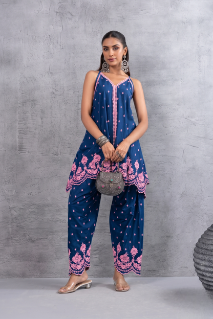 BLUE AND PINK HALTER EMBROIDERED FARSHI SALWAR SET