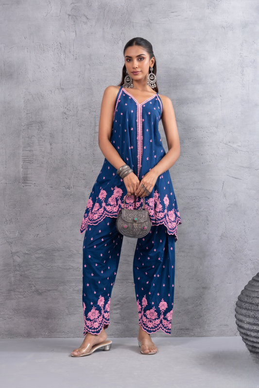 BLUE AND PINK HALTER EMBROIDERED FARSHI SALWAR SET
