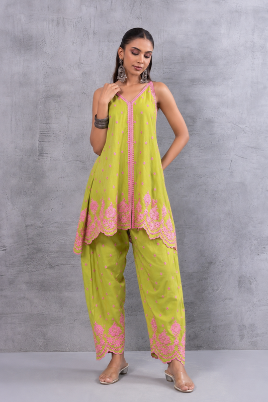 LIME AND PINK HALTER EMBROIDERED FARSHI SALWAR SET