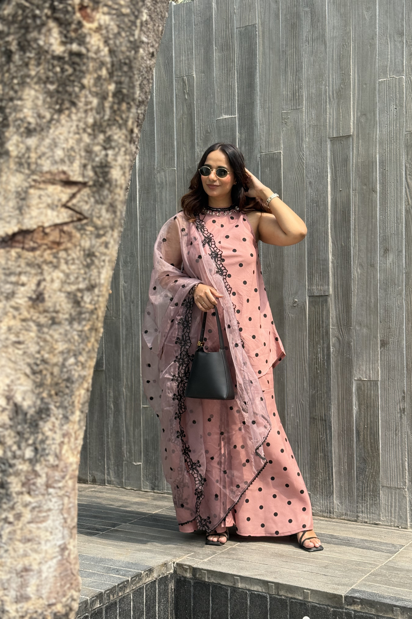 MAUVE POLKA DOT SET WITH EMBROIDERED ORGANZA DUPATTA