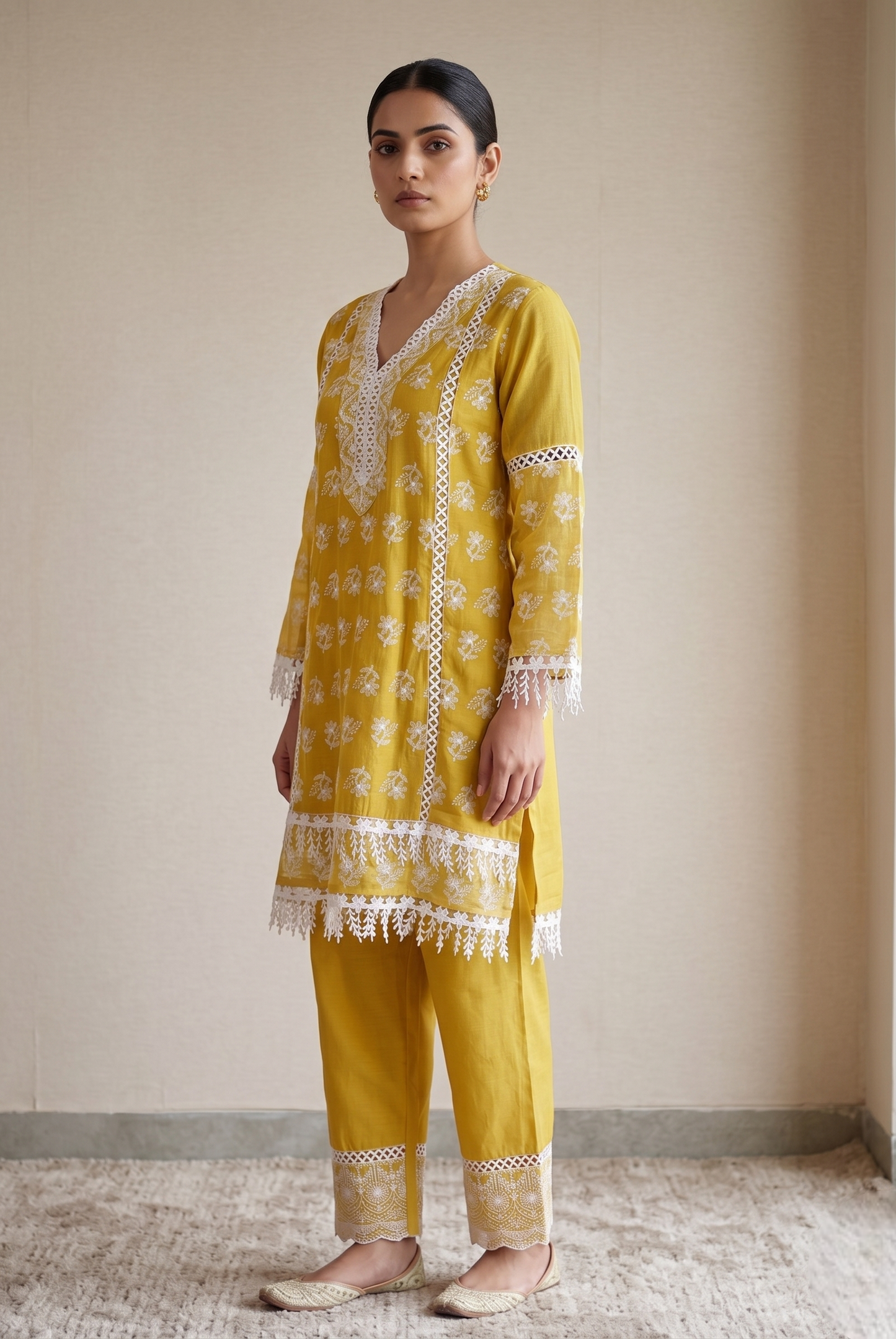 Yellow And White Floral Embroidered Kurta Set