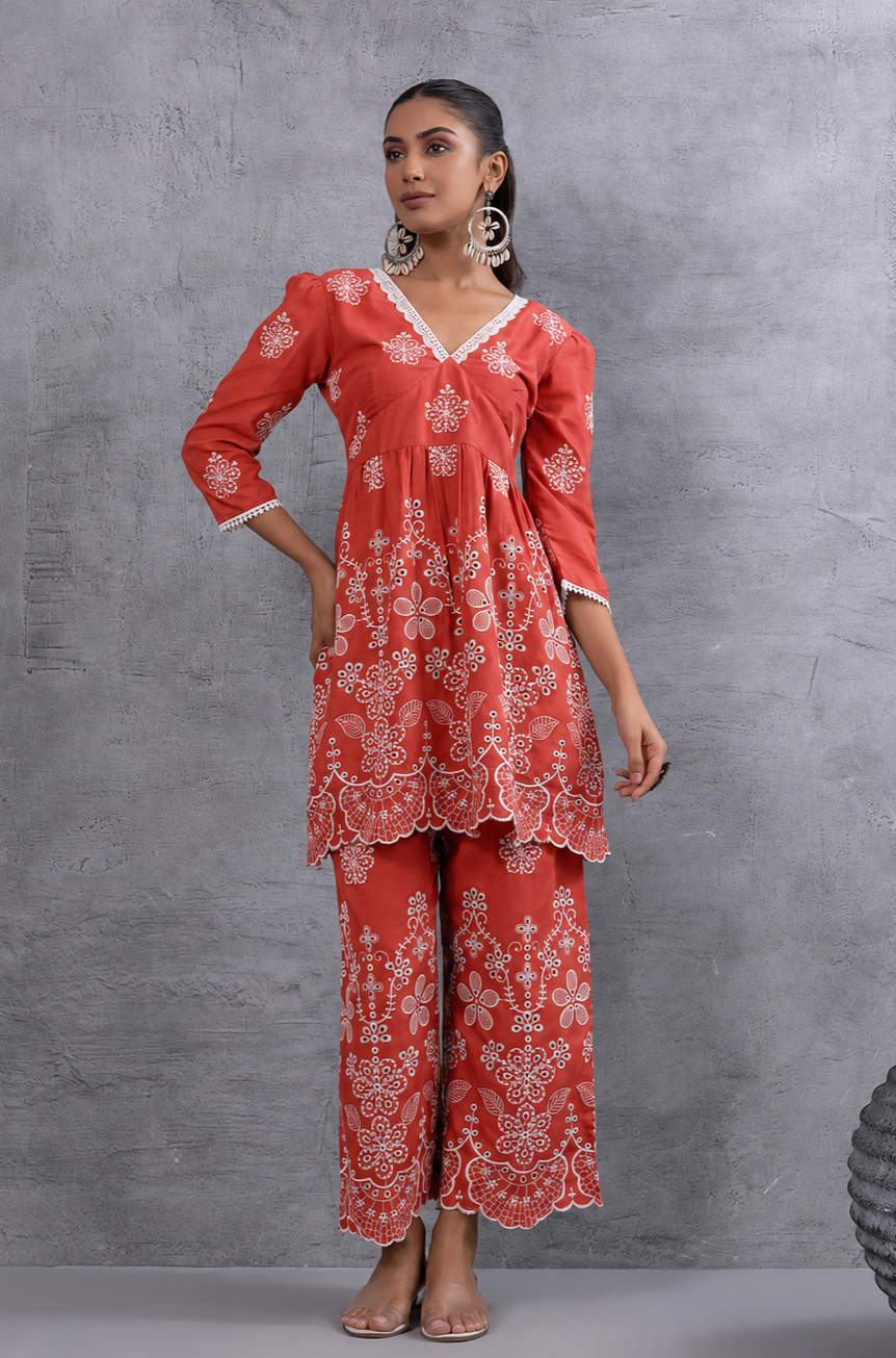 Rust And White Fit & Flare Kurta Set with Scalloped Floral Chikankari Embroidery
