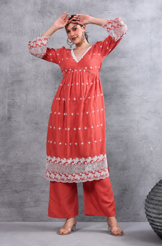 Rust White Floral Embroidered Kurta Set
