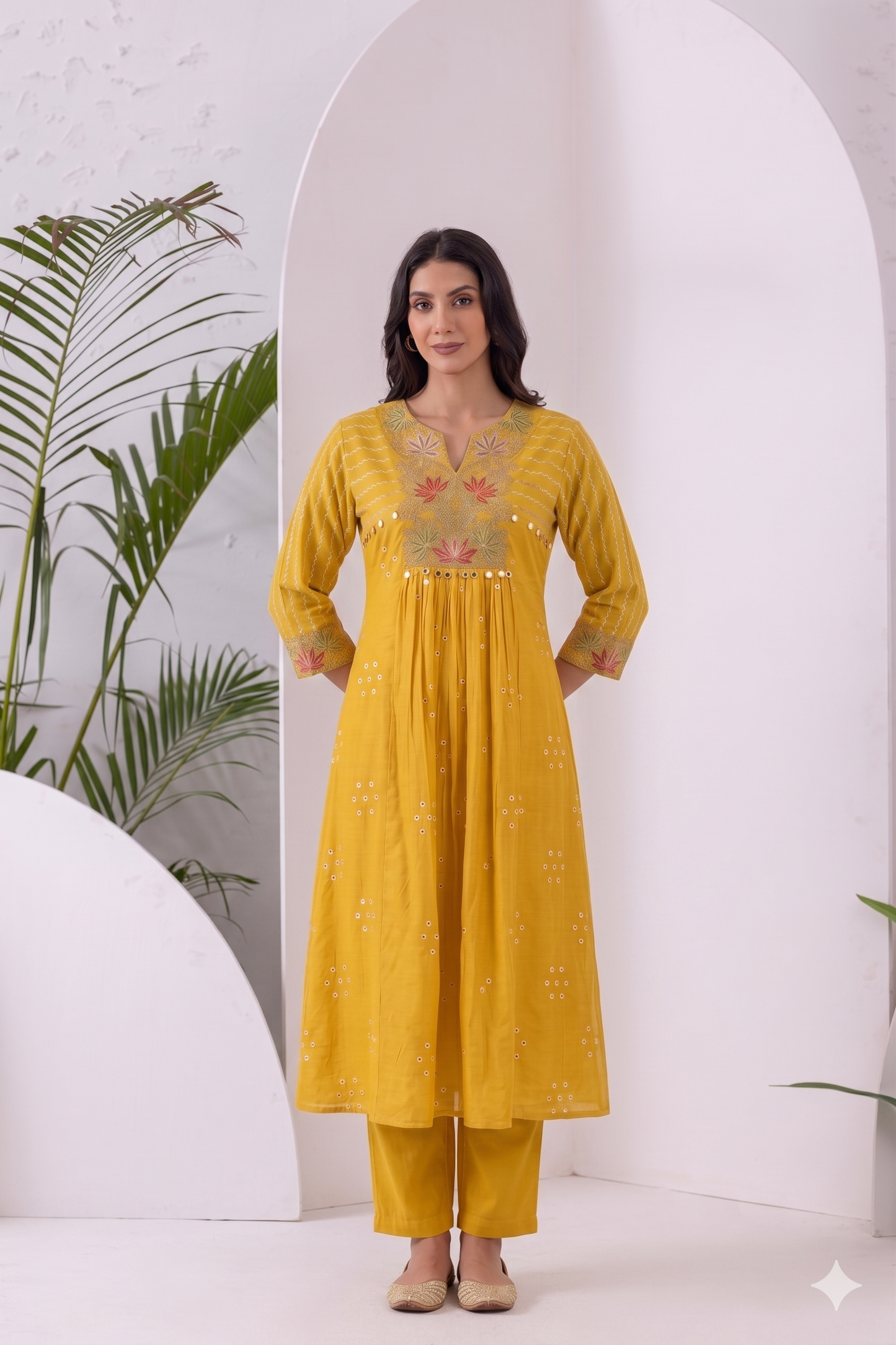 Yellow Multicolored Floral Embroidered Suit Set