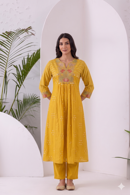 Yellow Multicolored Floral Embroidered Suit Set