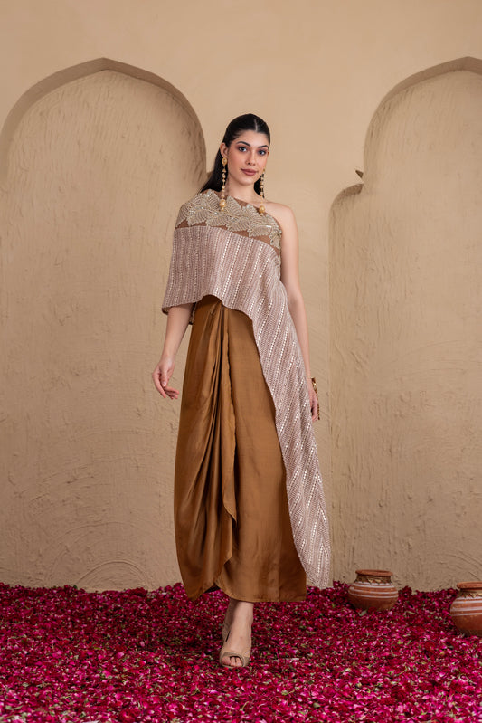 BROWN EMBROIDERED KAFTAN AND SKIRT SET