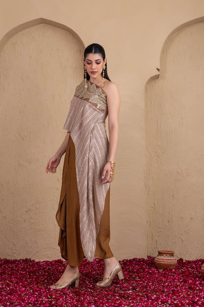 BROWN EMBROIDERED KAFTAN AND SKIRT SET