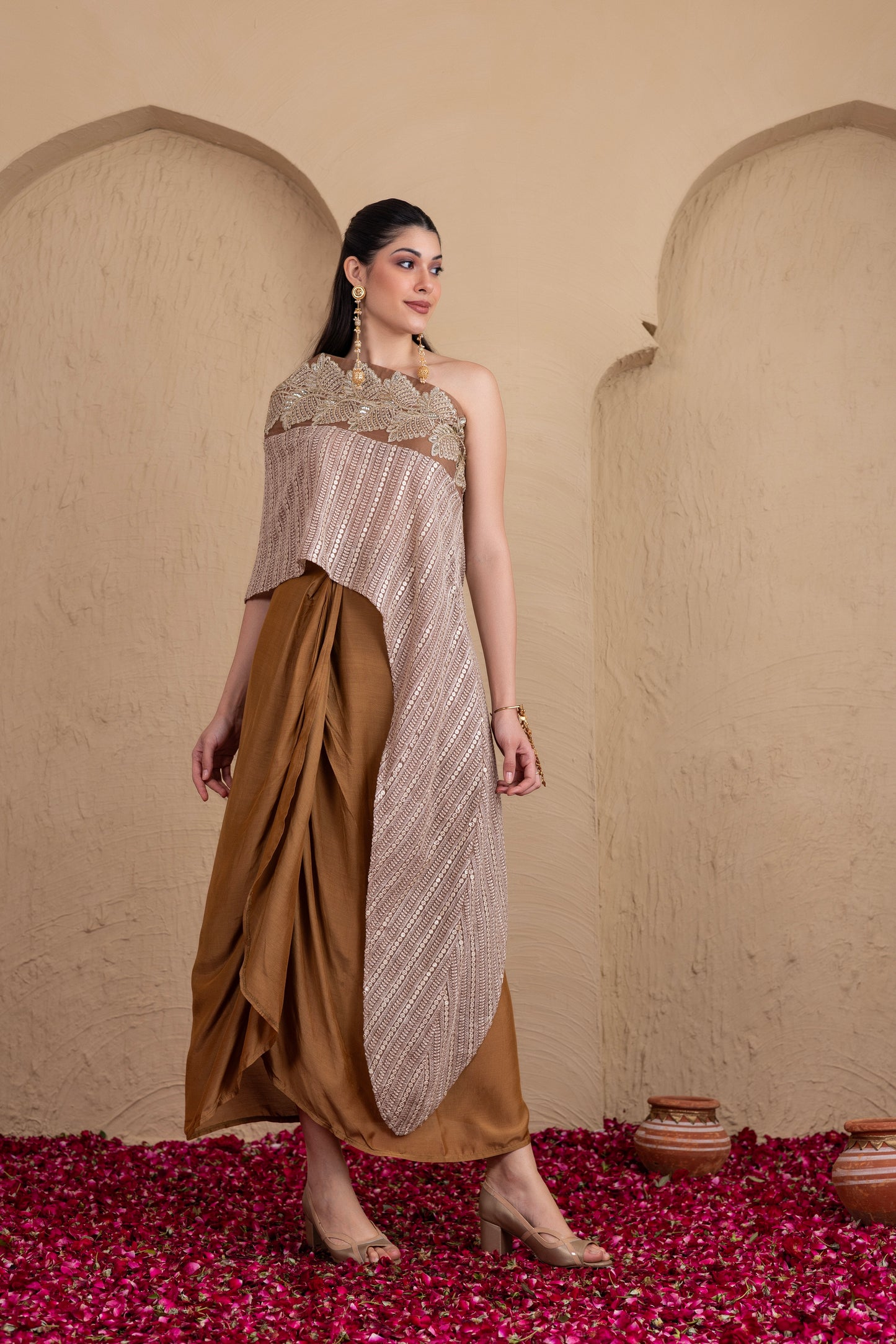 BROWN EMBROIDERED KAFTAN AND SKIRT SET
