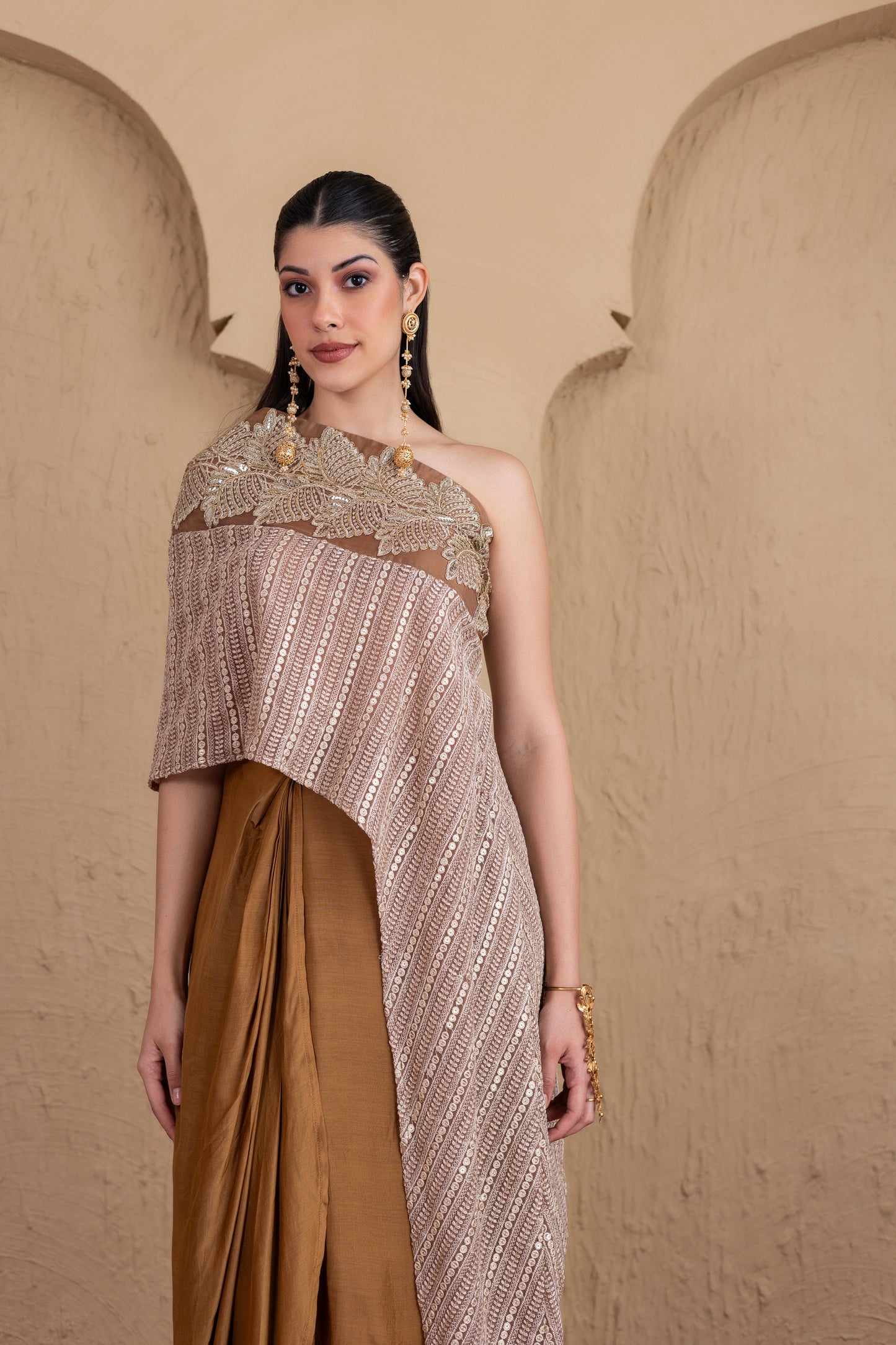 BROWN EMBROIDERED KAFTAN AND SKIRT SET