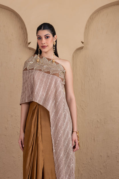 BROWN EMBROIDERED KAFTAN AND SKIRT SET