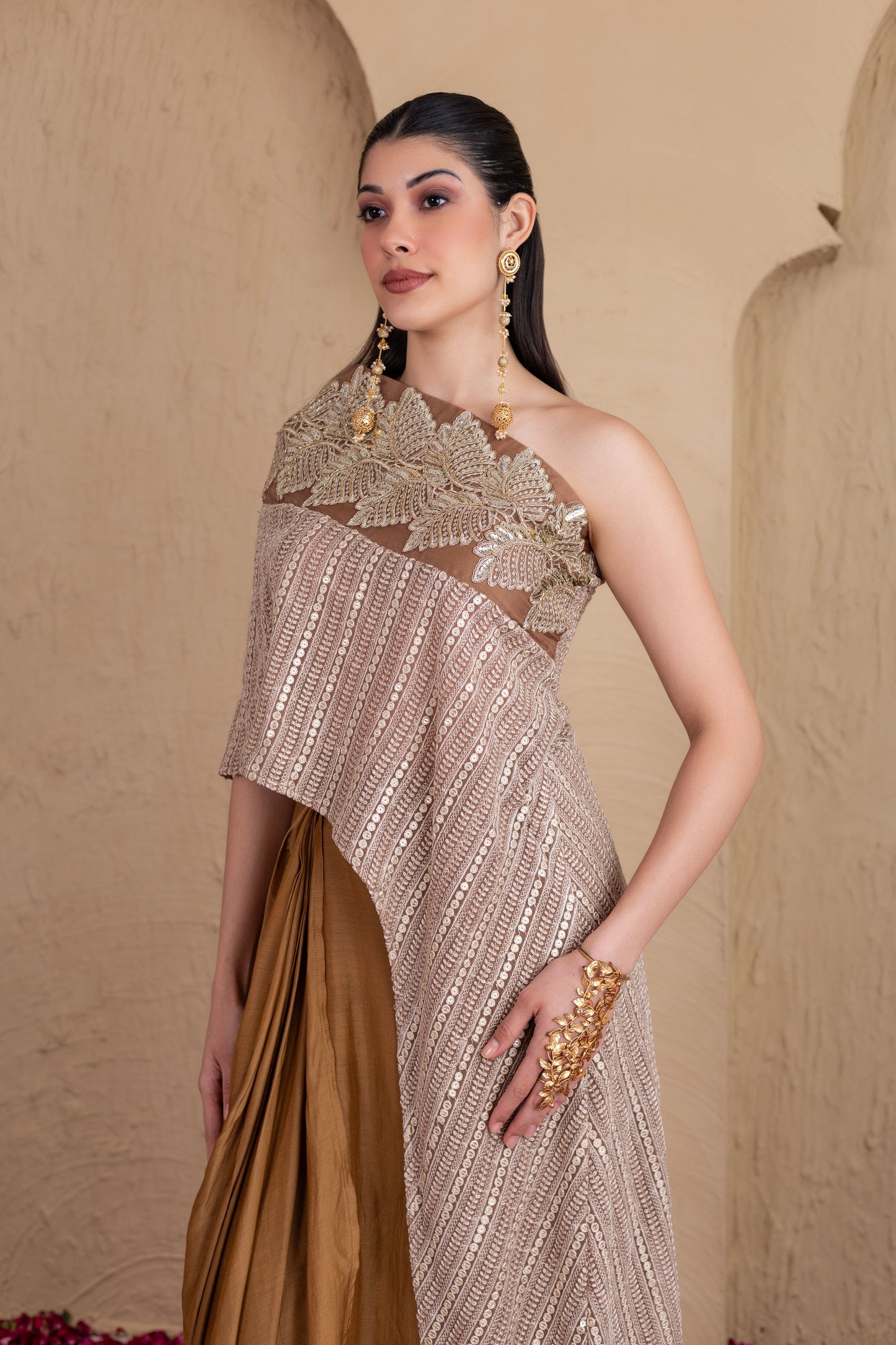 BROWN EMBROIDERED KAFTAN AND SKIRT SET