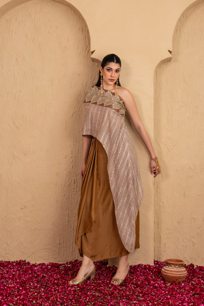 BROWN EMBROIDERED KAFTAN AND SKIRT SET