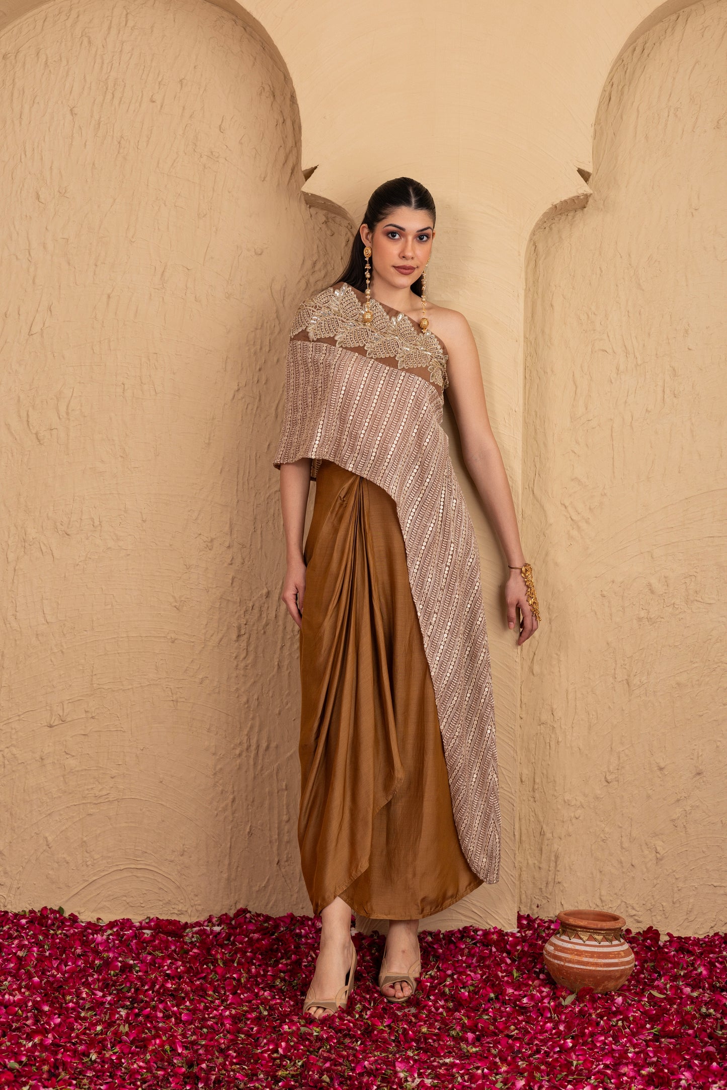 BROWN EMBROIDERED KAFTAN AND SKIRT SET