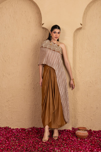 BROWN EMBROIDERED KAFTAN AND SKIRT SET