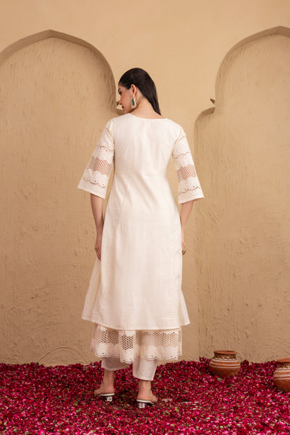 CREAM SUIT SET WITH YELLOW FLORAL PRINTED ORGANZA DUPATTA