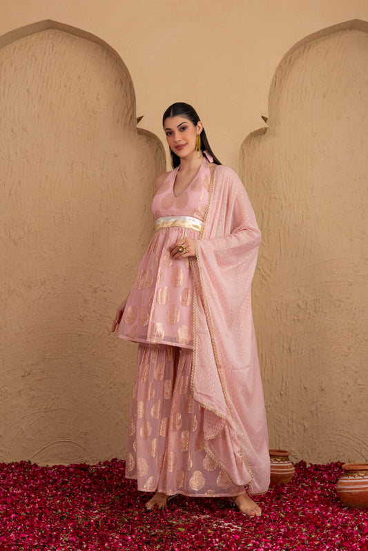 Baby Pink and Gold Georgette Halter Suit Set