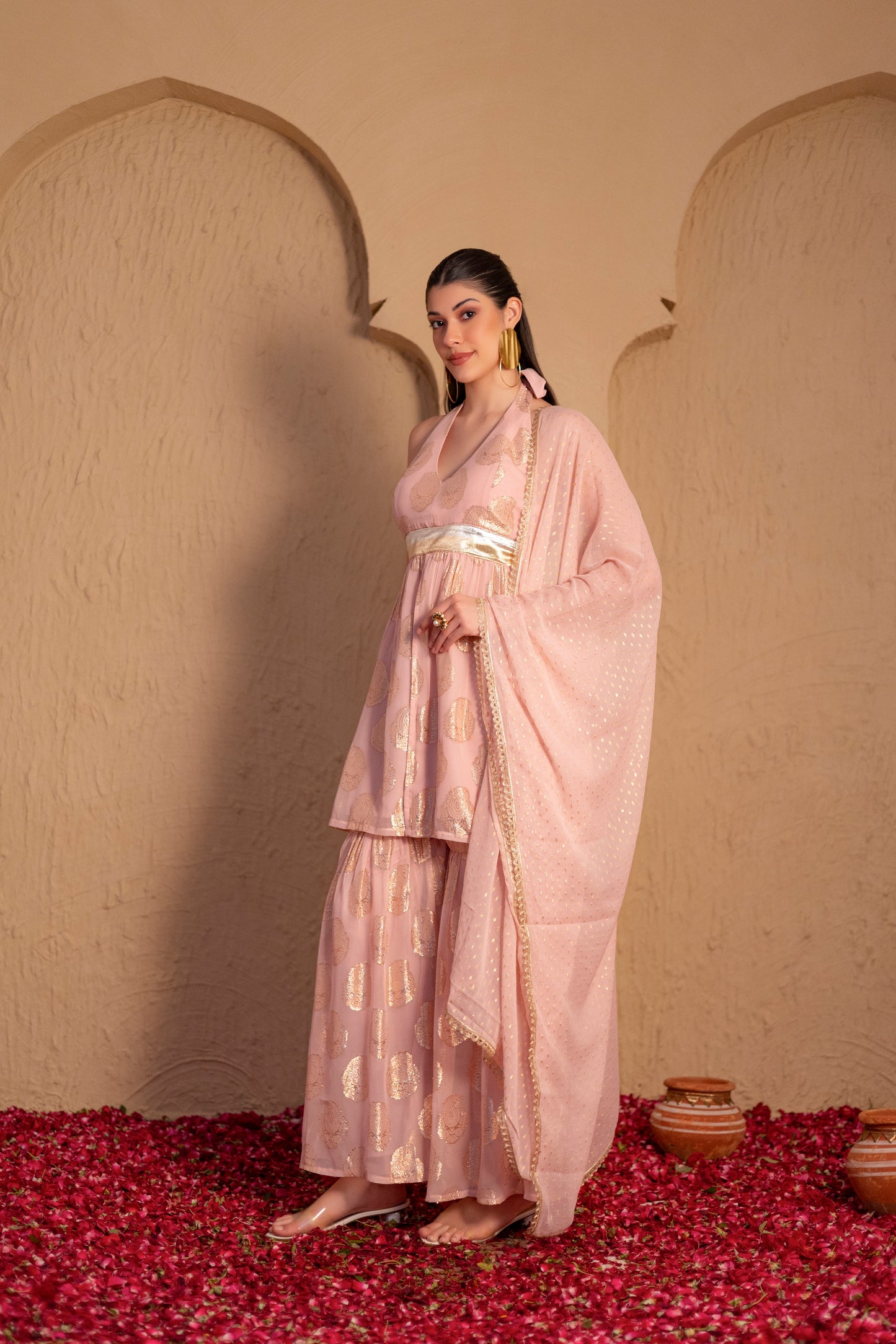 Baby Pink and Gold Georgette Halter Suit Set