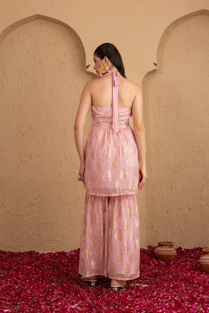 Baby Pink and Gold Georgette Halter Suit Set