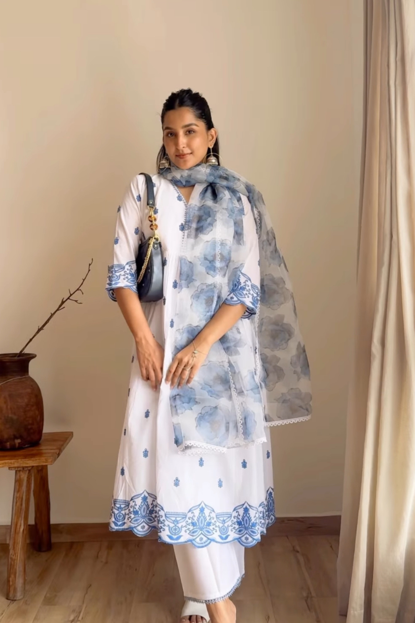 WHITE SUIT SET WITH BLUE FLORAL EMBROIDERY AND PRINTED ORGANZA DUPATTA