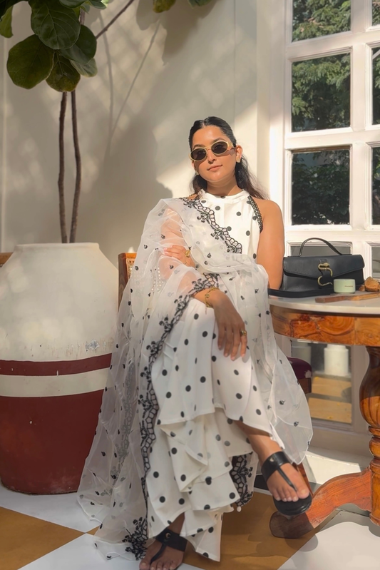 BLACK POLKA DOT SET WITH EMBROIDERED ORGANZA DUPATTA