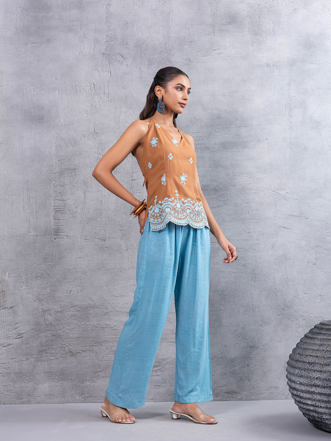 CARAMEL BLUE EMBROIDERED HALTER KURTA SET