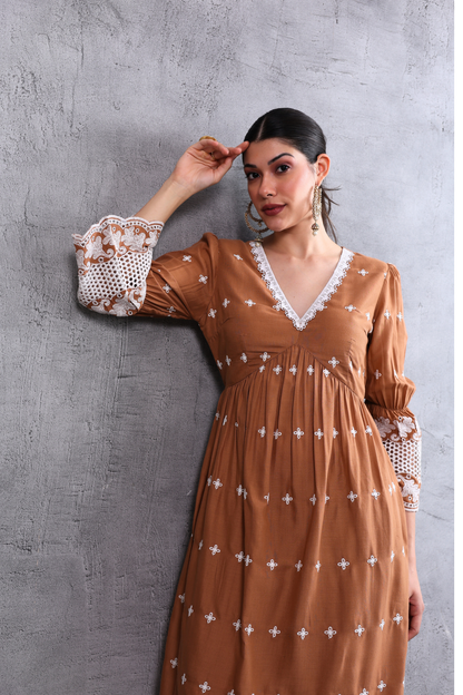 Brown White Floral Embroidered Kurta Set