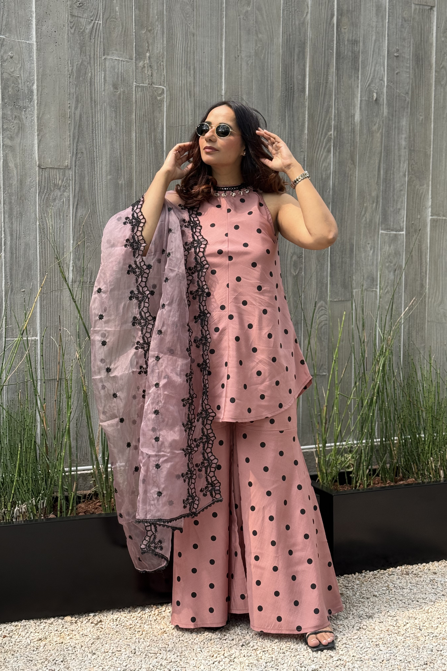 MAUVE POLKA DOT SET WITH EMBROIDERED ORGANZA DUPATTA
