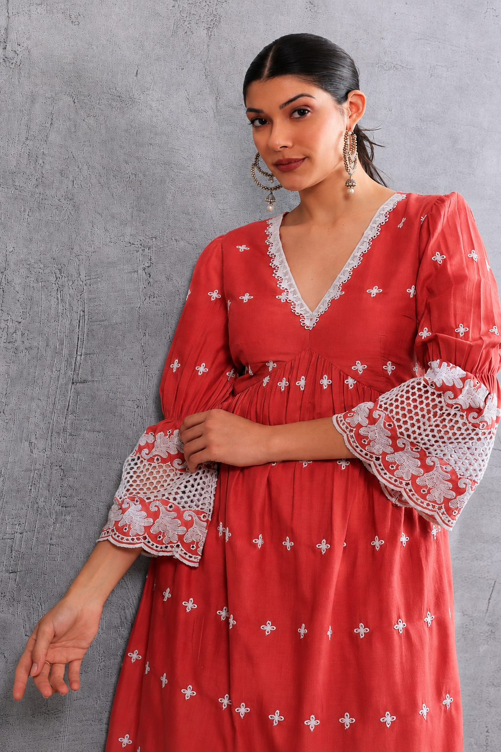 Rust White Floral Embroidered Kurta Set