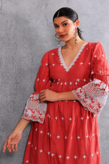 Rust White Floral Embroidered Kurta Set