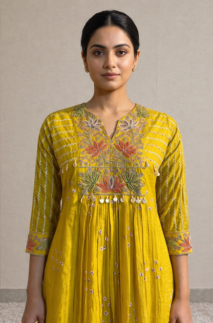 Yellow Multicolored Floral Embroidered Suit Set