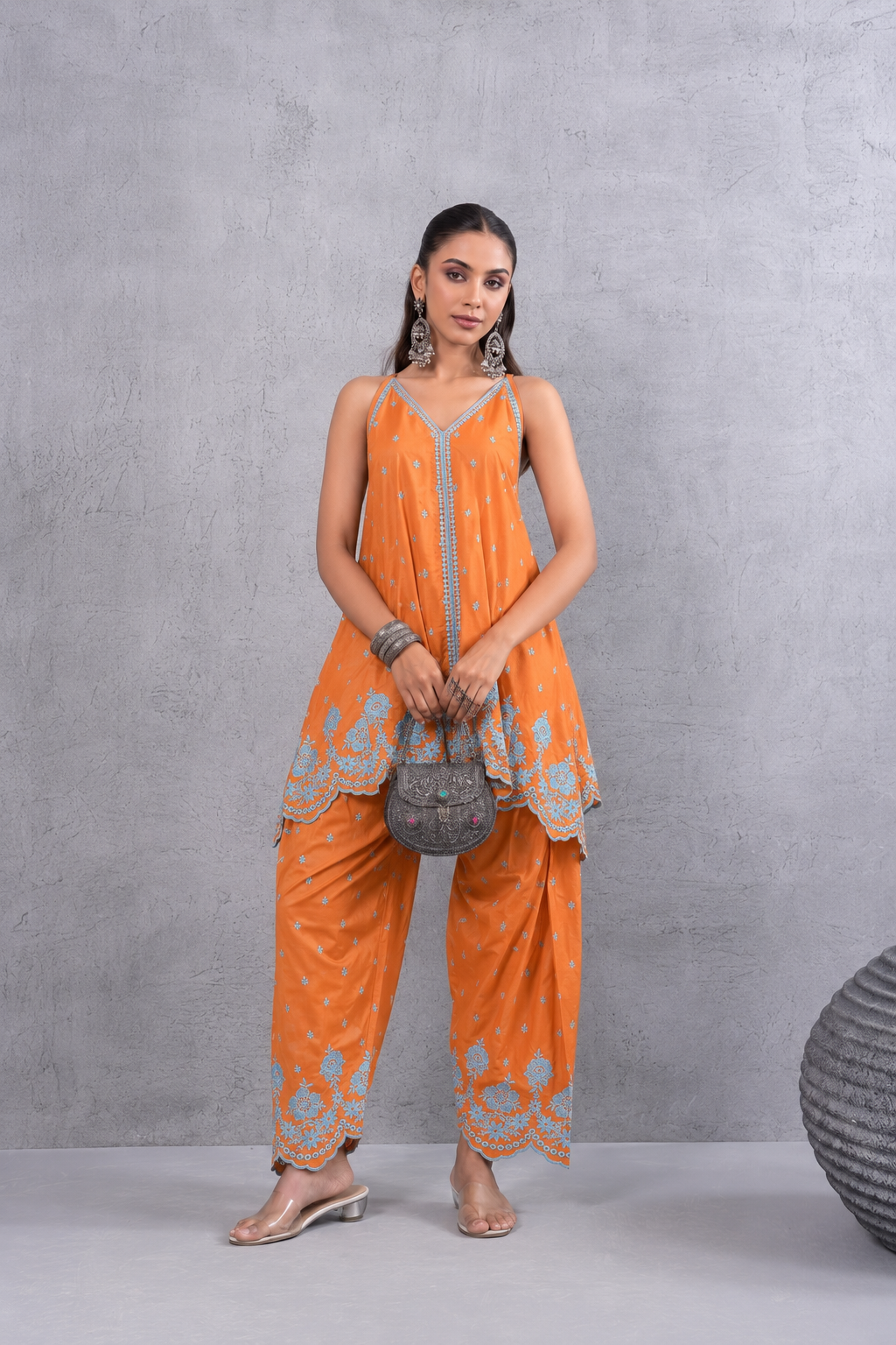 ORANGE AND BLUE HALTER EMBROIDERED FARSHI SALWAR SET