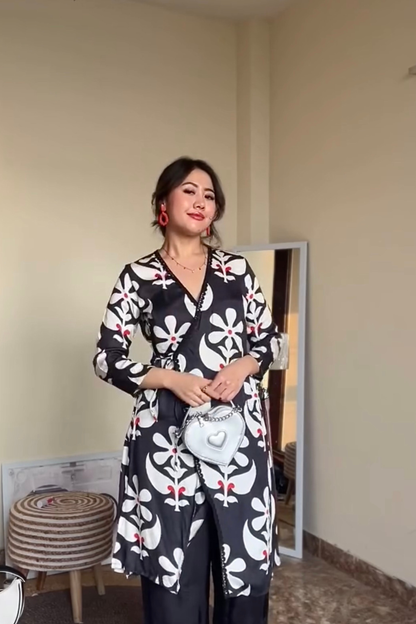 BLACK FLORAL PRINTED WRAP KURTA SET