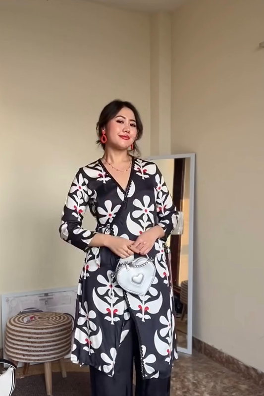 BLACK FLORAL PRINTED WRAP KURTA SET
