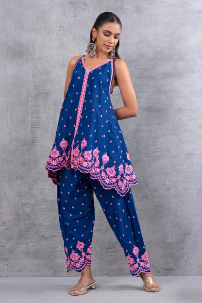BLUE AND PINK HALTER EMBROIDERED FARSHI SALWAR SET
