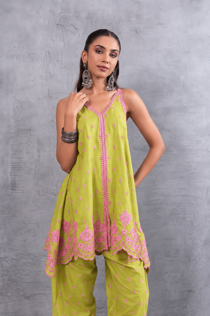 LIME AND PINK HALTER EMBROIDERED FARSHI SALWAR SET