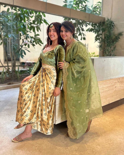 Dark Green Velvet Crop Top and Printed Skirt Set