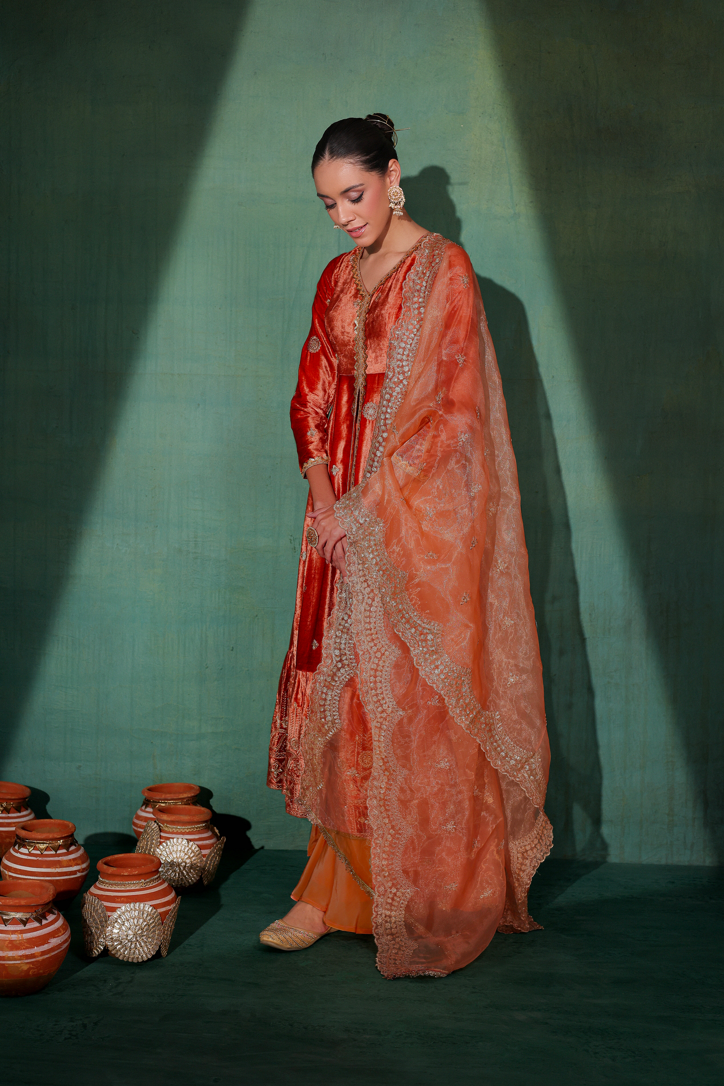 Burnt velvet Suit Set with Organza Dupatta