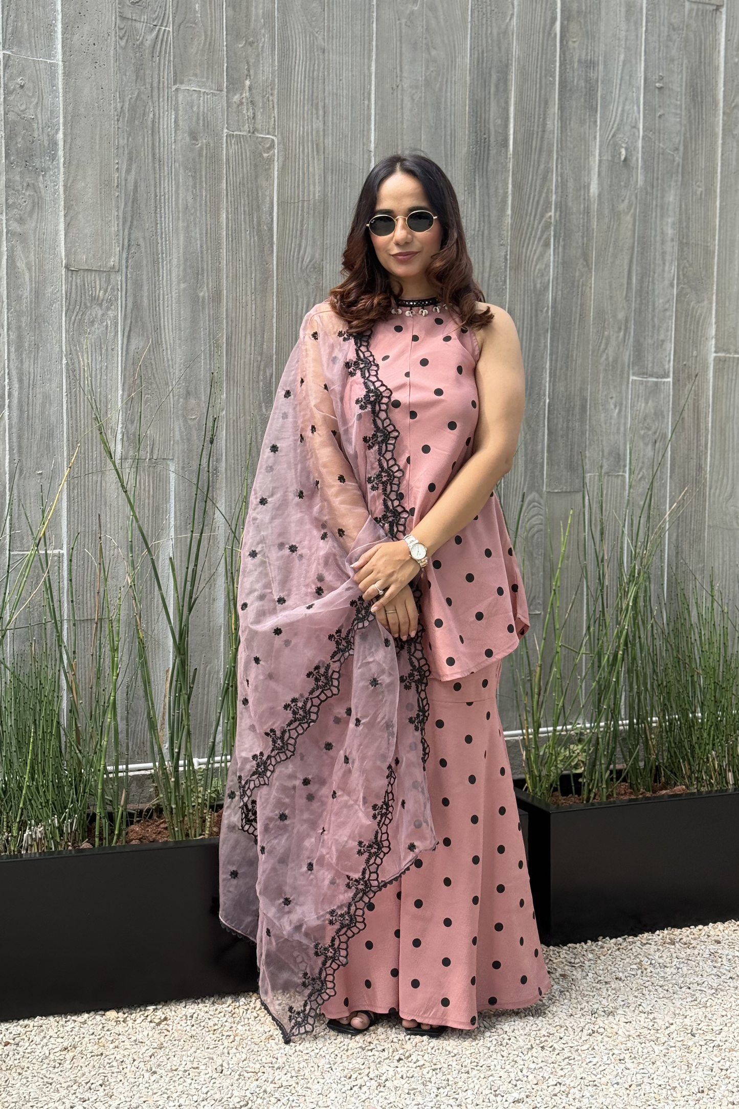 MAUVE POLKA DOT SET WITH EMBROIDERED ORGANZA DUPATTA